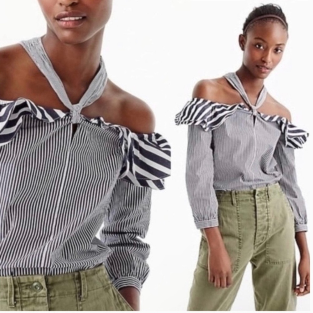 J. Crew Women’s Striped Off the Shoulder Blouse in Blue White Size 6